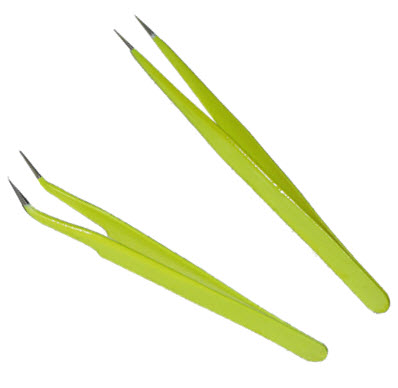 Recover small gold flakes from bedrock fine cracks and crevices using these Au-Seize bright yellow neon straight and curved tweezers. 2 piece pack.